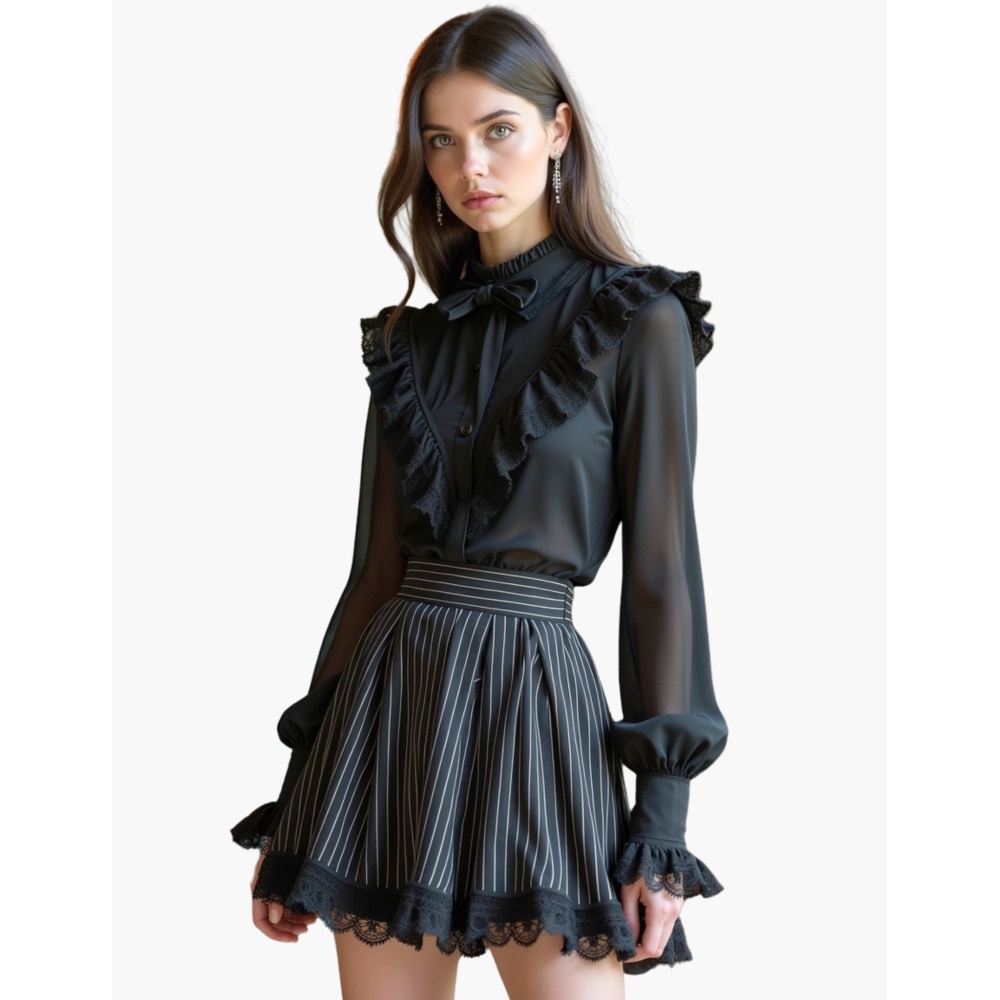 Attitude Corsets - Ailne Pinstripe Kurzer Rock mit hoher Taille - Schwarz